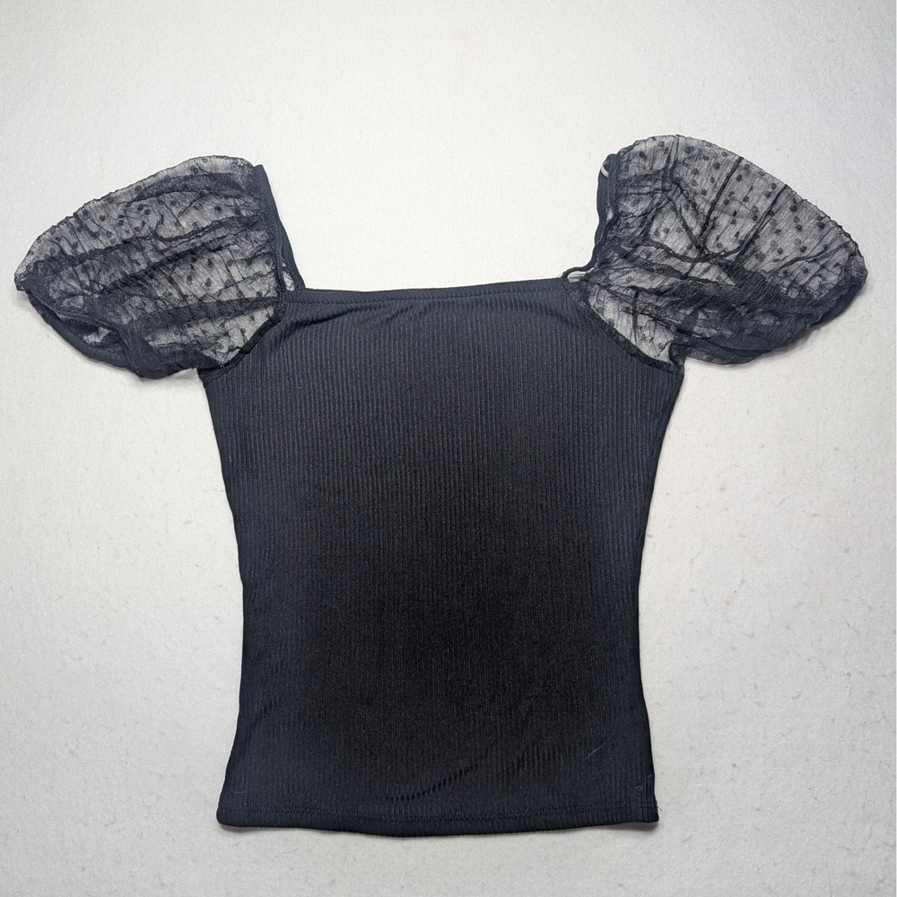 Altar'd State Women M Black Ribbed Puff Mesh Sleeve Top 2026 Vamp Romantic Goth